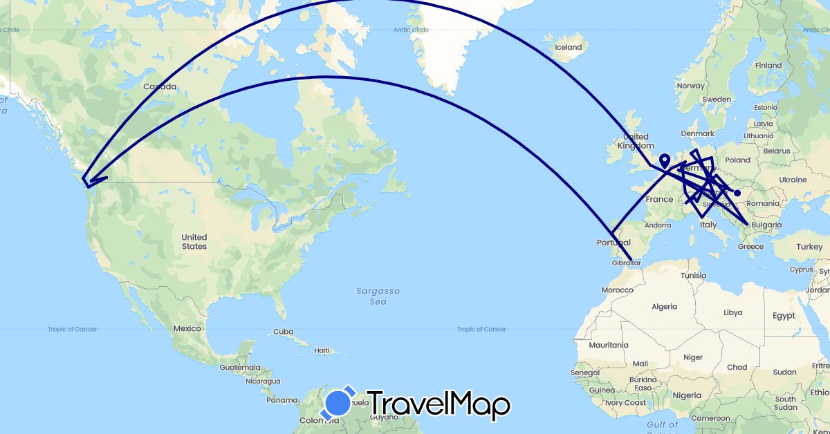 TravelMap itinerary: driving in Austria, Belgium, Canada, Switzerland, Czech Republic, Germany, Spain, France, United Kingdom, Hungary, Italy, Portugal, Slovakia, Kosovo (Europe, North America)